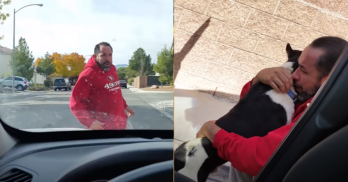 A father sheds tears of joy as he reunites with his beloved dog, who